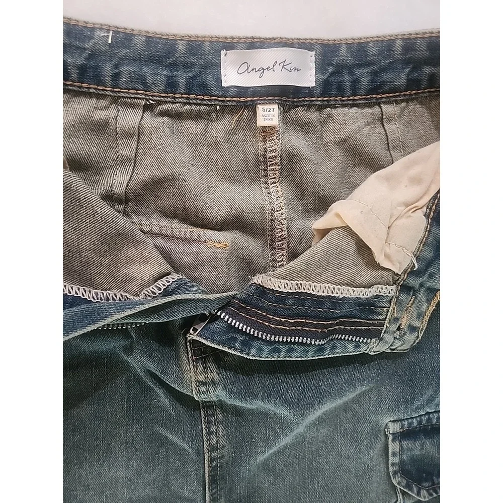 Angel Kiss Cargo Blue Jean Denim Maxi Skirt Y2K Style Back Slit Bungie Size 5/27